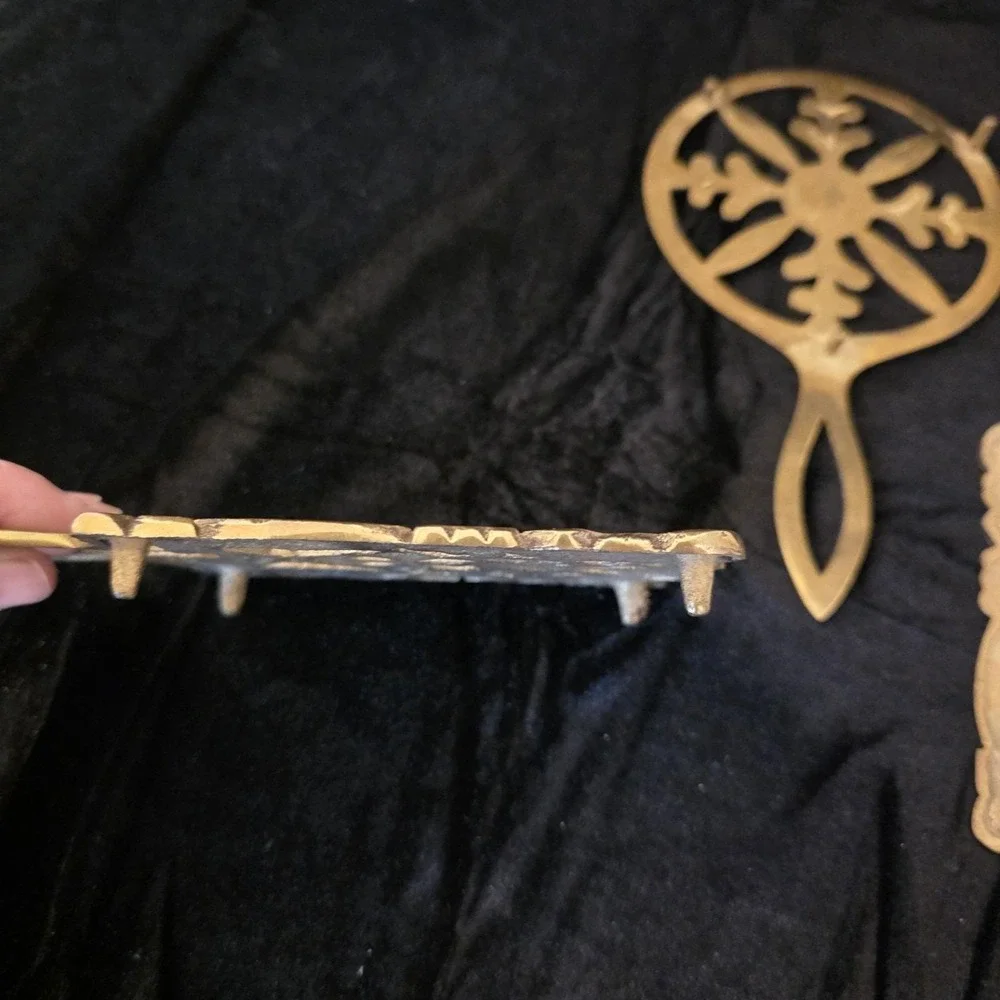 Vintage Ornate Brass‎ Trivets, Set of 3. 1 Snowflake 2 Egyptian Leaves